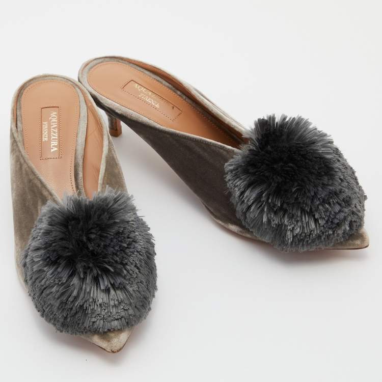 Pre Owned Aquazzura Grey Velvet Powder Puff Mules Size 36.5 