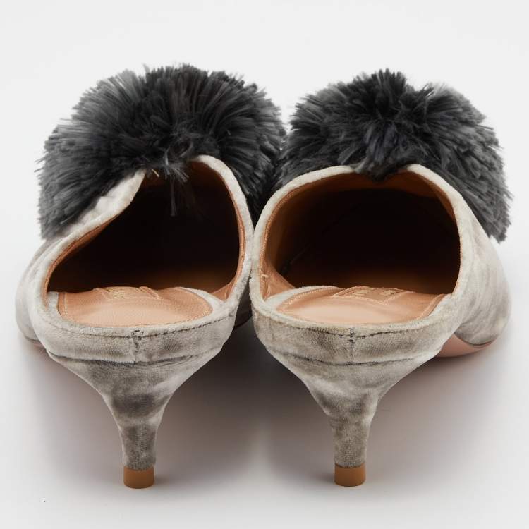 Pre Owned Aquazzura Grey Velvet Powder Puff Mules Size 36.5 