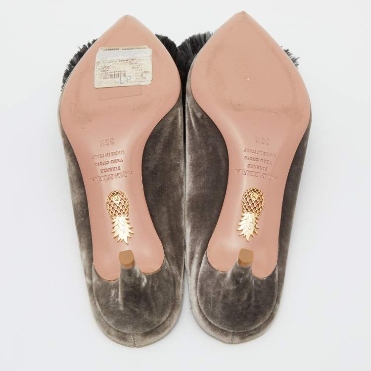 Pre Owned Aquazzura Grey Velvet Powder Puff Mules Size 36.5 