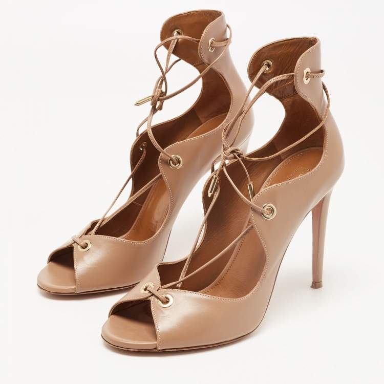 Pre Owned Aquazzura Light Brown Leather Tango Lace Up Sandals Size 39.5