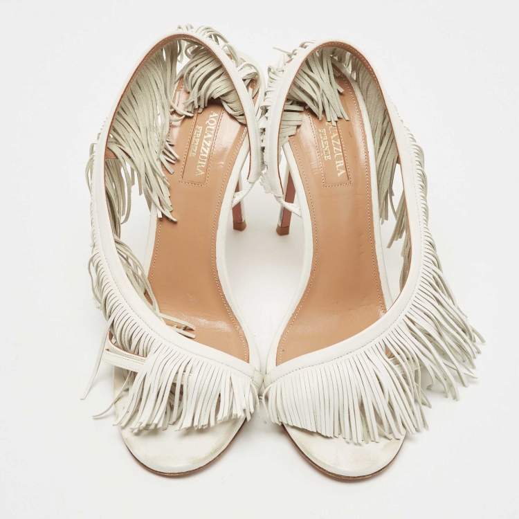 Pre Owned Aquazzura White Leather Wild Fringe Sandals Size 39