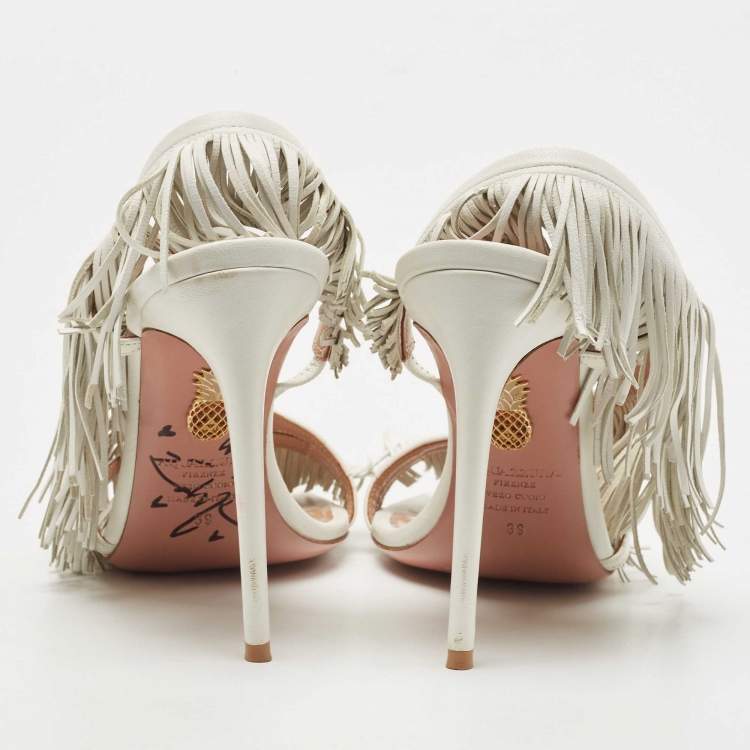 Pre Owned Aquazzura White Leather Wild Fringe Sandals Size 39
