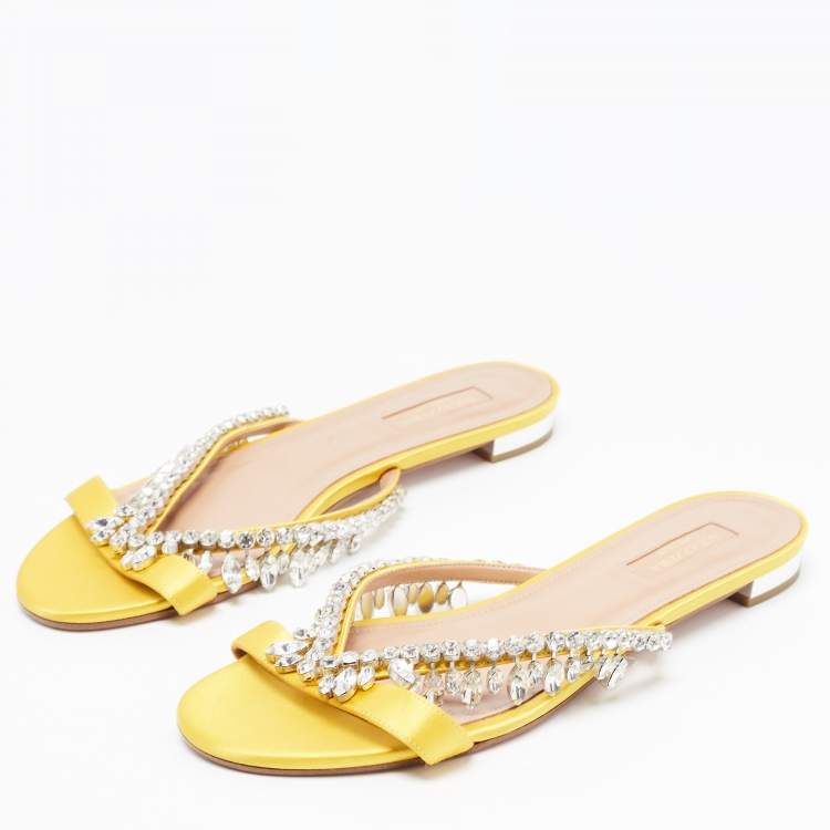 Pre Owned Aquazzura Yellow Satin Crystal Embellished Slide Flats Size 39.5