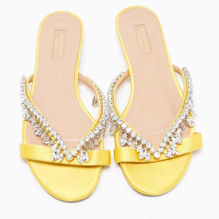 Pre Owned Aquazzura Yellow Satin Crystal Embellished Slide Flats Size 39.5