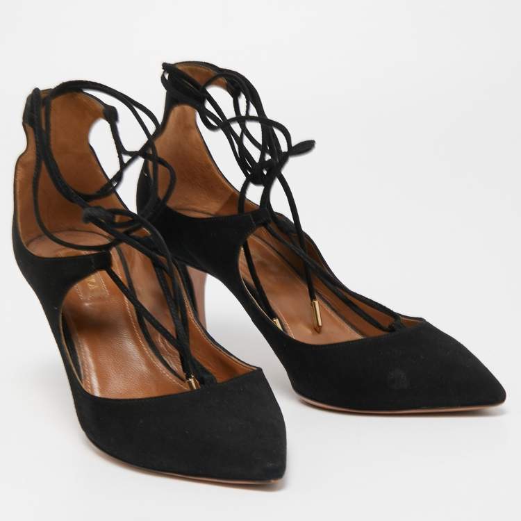 مملوكة مسبقًا Aquazzura Black Suede Christy Ankle Tie Pumps Size 37