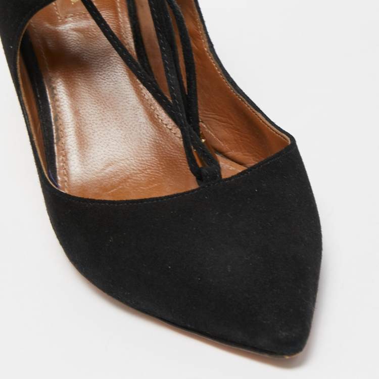 مملوكة مسبقًا Aquazzura Black Suede Christy Ankle Tie Pumps Size 37