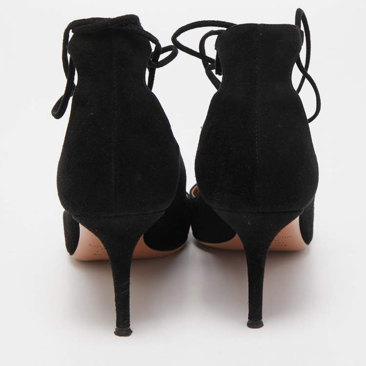 مملوكة مسبقًا Aquazzura Black Suede Christy Ankle Tie Pumps Size 37