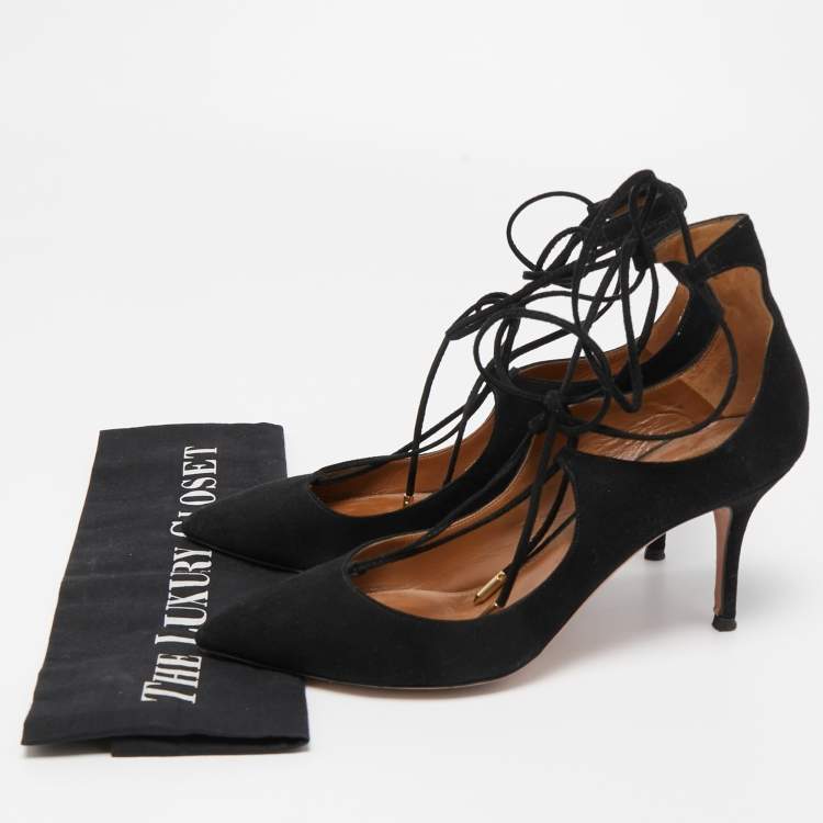 مملوكة مسبقًا Aquazzura Black Suede Christy Ankle Tie Pumps Size 37
