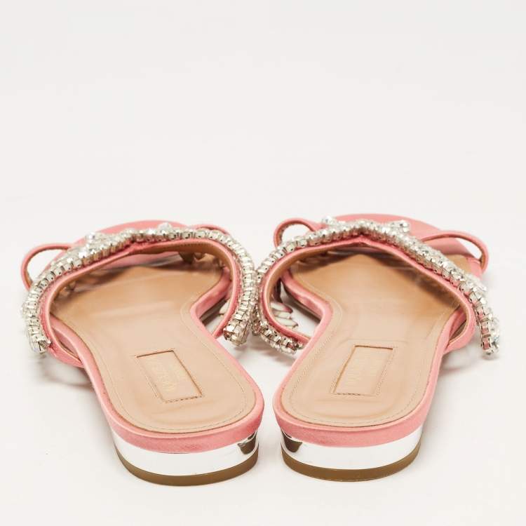 Pre Owned Aquazzura Pink Satin Gem Palace Flat Slides Size 39