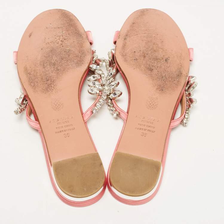 Pre Owned Aquazzura Pink Satin Gem Palace Flat Slides Size 39