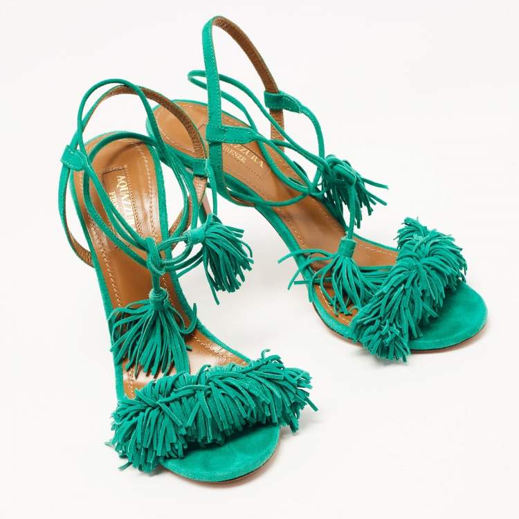 مملوكة مسبقًا Aquazzura Green Suede Wild Thing Ankle Wrap Sandals Size 36