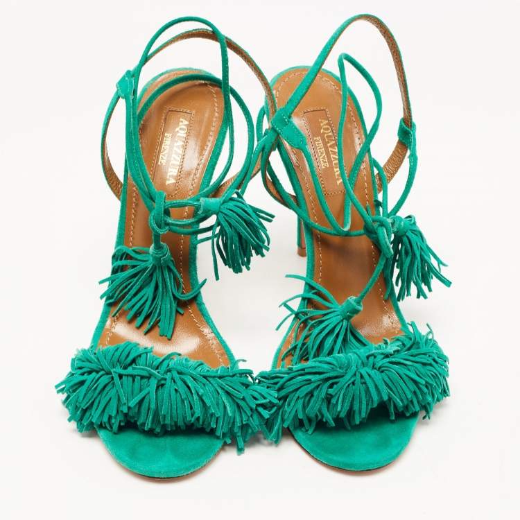مملوكة مسبقًا Aquazzura Green Suede Wild Thing Ankle Wrap Sandals Size 36