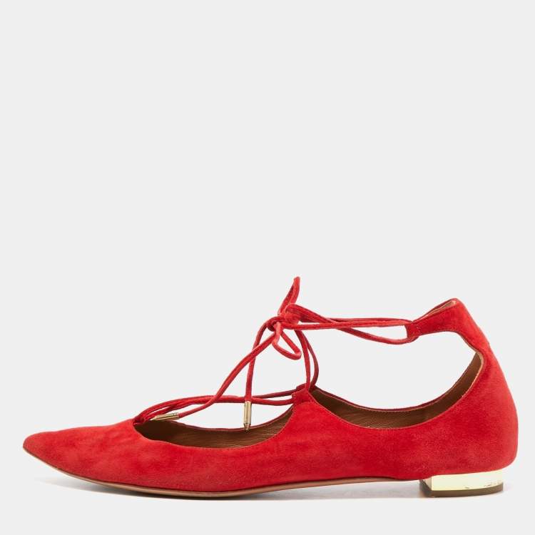 مملوكة مسبقًا Aquazzura Red Suede Christy Ankle Tie Ballet Flats Size 41 