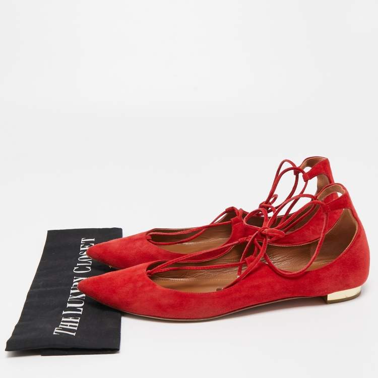 مملوكة مسبقًا Aquazzura Red Suede Christy Ankle Tie Ballet Flats Size 41 