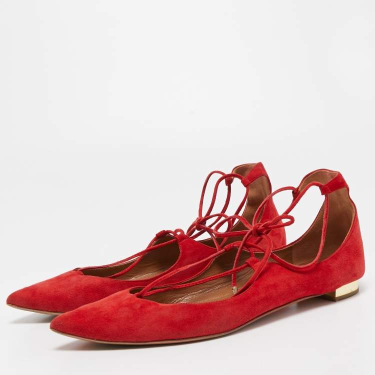 مملوكة مسبقًا Aquazzura Red Suede Christy Ankle Tie Ballet Flats Size 41 