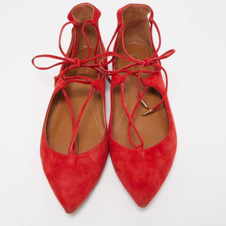 مملوكة مسبقًا Aquazzura Red Suede Christy Ankle Tie Ballet Flats Size 41 