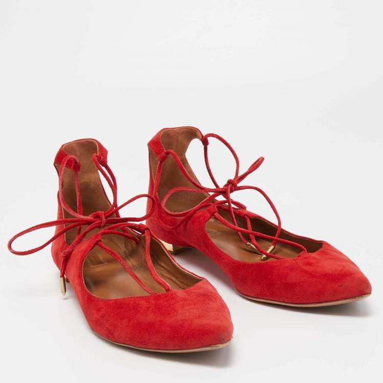 مملوكة مسبقًا Aquazzura Red Suede Christy Ankle Tie Ballet Flats Size 41 