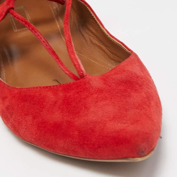مملوكة مسبقًا Aquazzura Red Suede Christy Ankle Tie Ballet Flats Size 41 