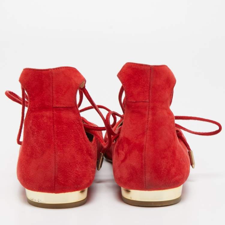 مملوكة مسبقًا Aquazzura Red Suede Christy Ankle Tie Ballet Flats Size 41 