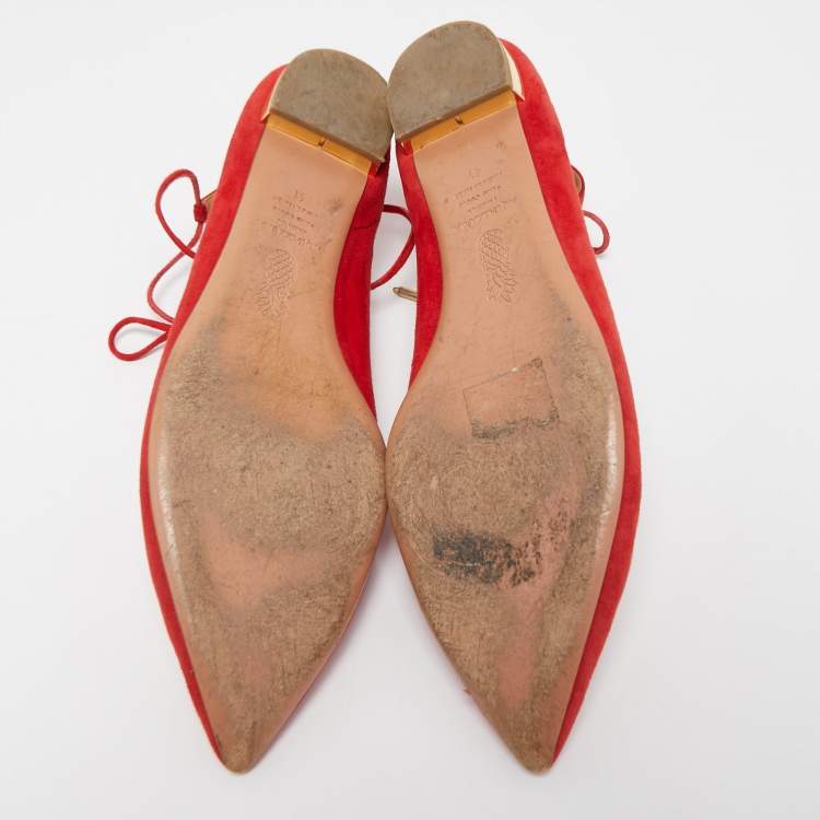 مملوكة �مسبقًا Aquazzura Red Suede Christy Ankle Tie Ballet Flats Size 41 