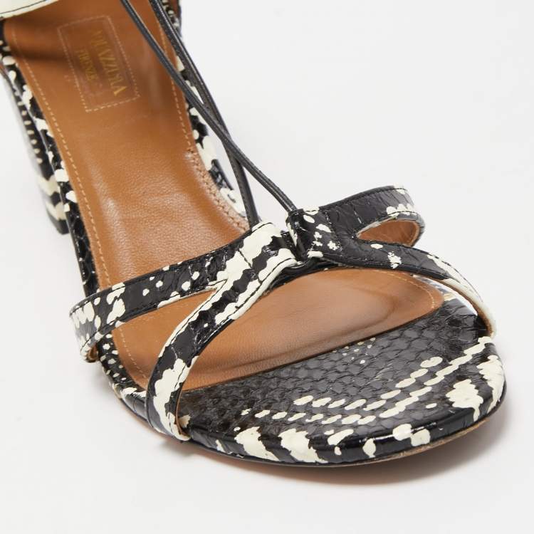 Pre Owned Aquazzura Black/White Printed Watersnake Leather Cut Out Lace Sandals Size 40