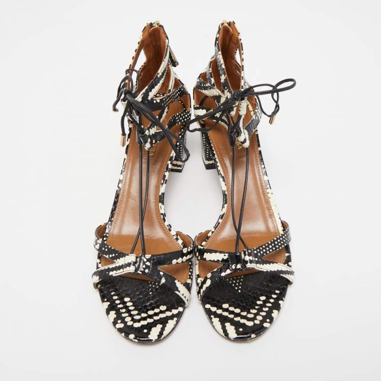 Pre Owned Aquazzura Black/White Printed Watersnake Leather Cut Out Lace Sandals Size 40