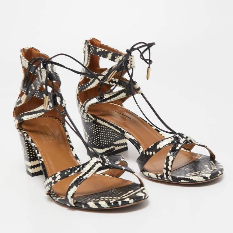 Pre Owned Aquazzura Black/White Printed Watersnake Leather Cut Out Lace Sandals Size 40