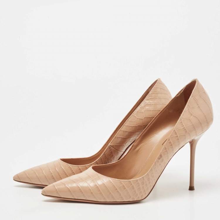 Pre Owned Aquazzura Beige Croc Embossed Leather Purist Pumps Size 38