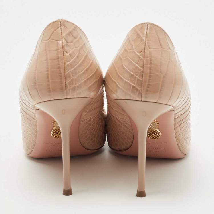 Pre Owned Aquazzura Beige Croc Embossed Leather Purist Pumps Size 38