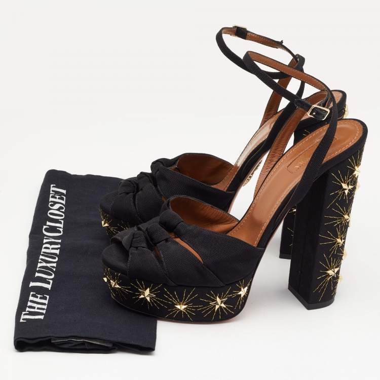 Pre Owned Aquazzura Black Knotted Canvas Mira Star Block Heel Platform Sandals Size 40