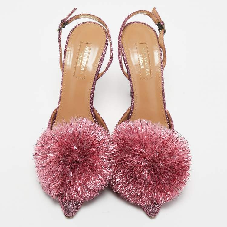 Pre Owned Aquazzura Pink Lurex Fabric Powder Puff Slingback Pumps Size 38