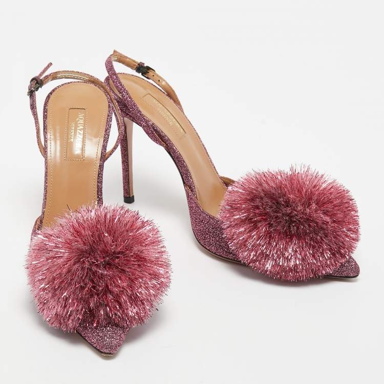 Pre Owned Aquazzura Pink Lurex Fabric Powder Puff Slingback Pumps Size 38