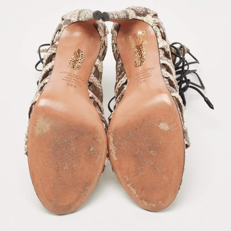 Pre Owned Aquazzura Two Tone Python Amazon Lace Up Sandals Size 38.5