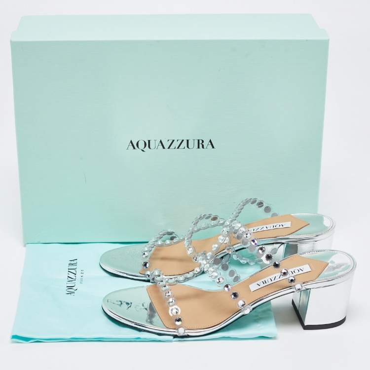 Pre Owned Aquazzura Silver/Transparent Leather and Crystal Embellished PVC Tequila Plexi Strappy Sandals Size 37 