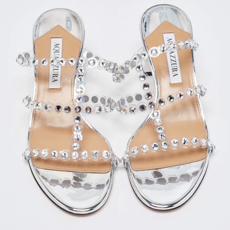 Pre Owned Aquazzura Silver/Transparent Leather and Crystal Embellished PVC Tequila Plexi Strappy Sandals Size 37 