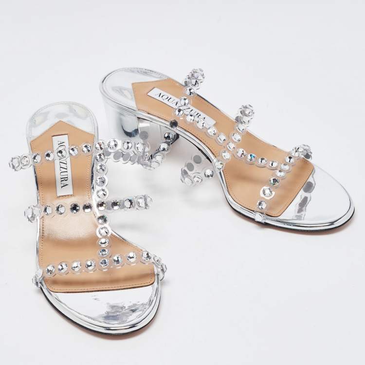 Pre Owned Aquazzura Silver/Transparent Leather and Crystal Embellished PVC Tequila Plexi Strappy Sandals Size 37 