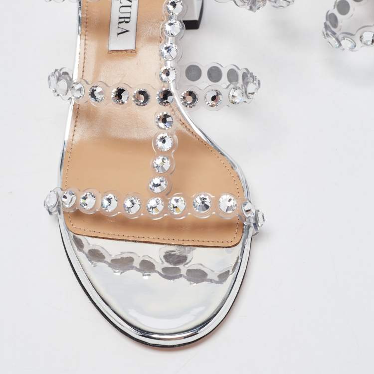 Pre Owned Aquazzura Silver/Transparent Leather and Crystal Embellished PVC Tequila Plexi Strappy Sandals Size 37 