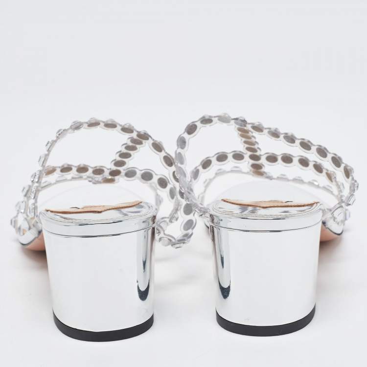 Pre Owned Aquazzura Silver/Transparent Leather and Crystal Embellished PVC Tequila Plexi Strappy Sandals Size 37 