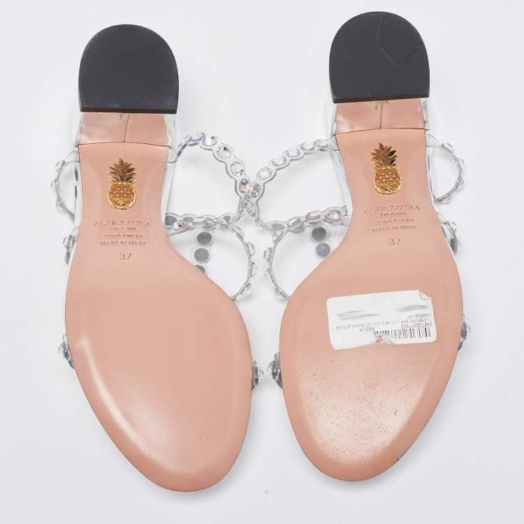 Pre Owned Aquazzura Silver/Transparent Leather and Crystal Embellished PVC Tequila Plexi Strappy Sandals Size 37 