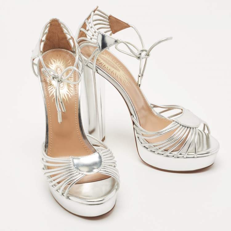 مملوكة مسبقًا Aquazzura Metallic Silver Leather Josephine Platform Ankle Strap Sandals Size 38