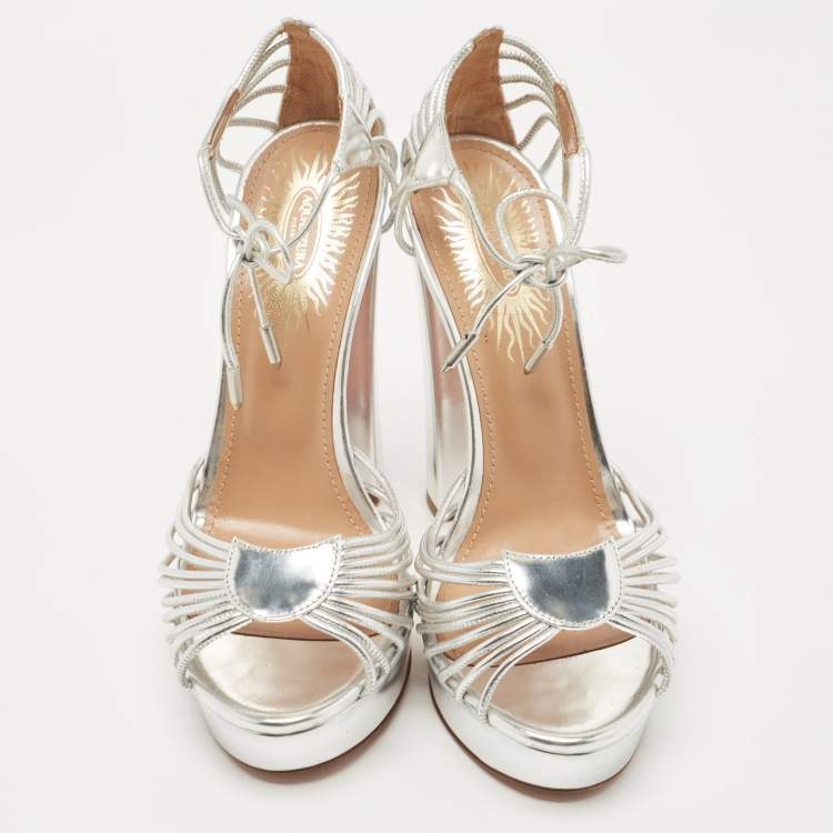 مملوكة مسبقًا Aquazzura Metallic Silver Leather Josephine Platform Ankle Strap Sandals Size 38