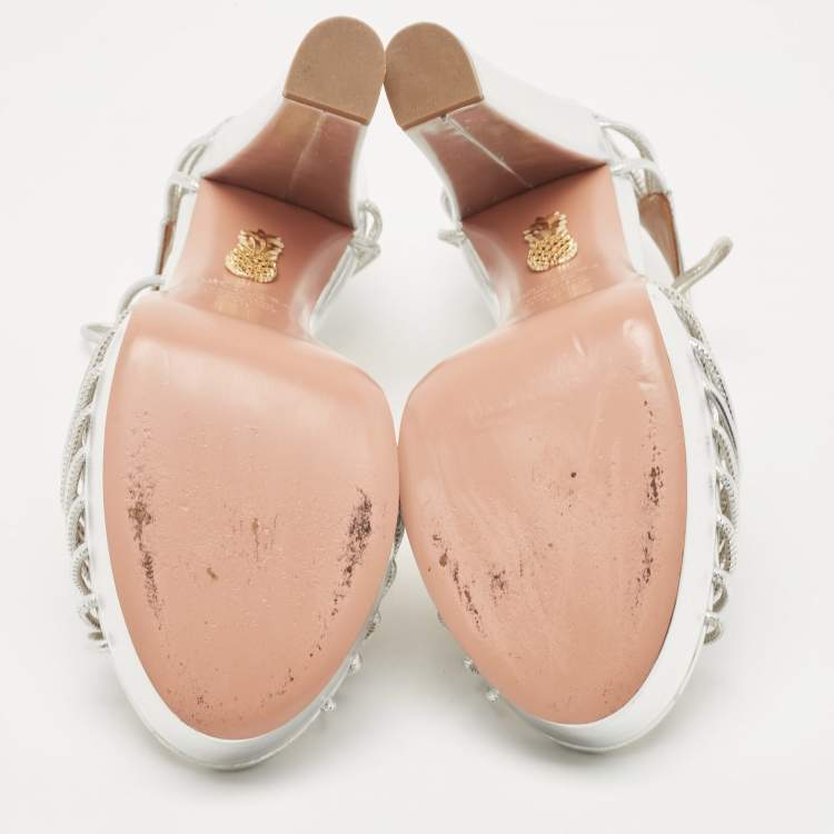 مملوكة مسبقًا Aquazzura Metallic Silver Leather Josephine Platform Ankle Strap Sandals Size 38