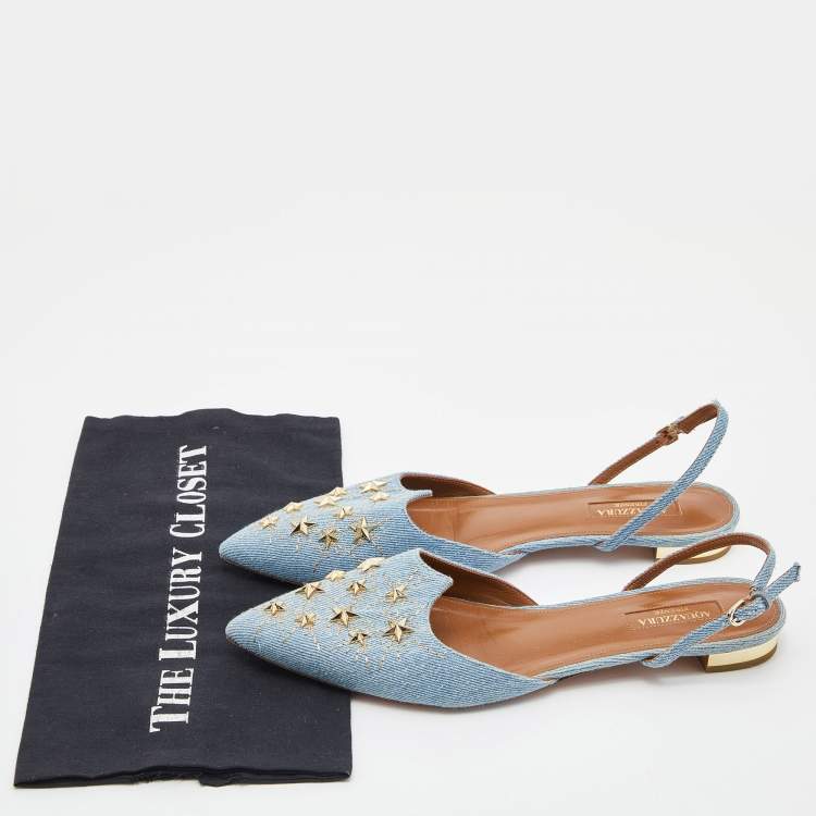 Pre Owned Aquazzura Blue Denim Nairobi Pointed-Toe Slingback Flats Size 39