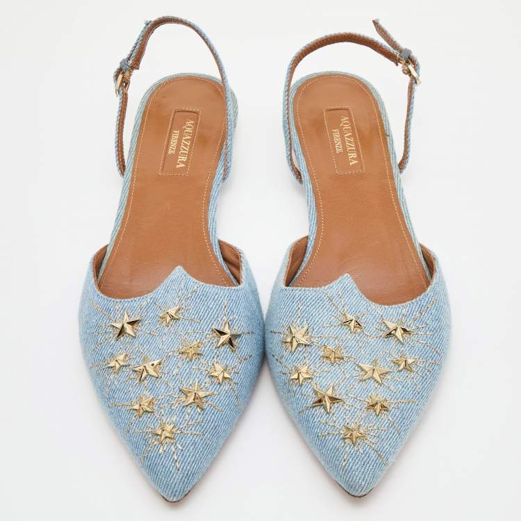 Pre Owned Aquazzura Blue Denim Nairobi Pointed-Toe Slingback Flats Size 39