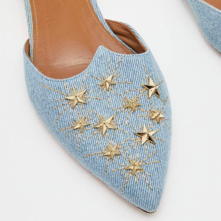 Pre Owned Aquazzura Blue Denim Nairobi Pointed-Toe Slingback Flats Size 39