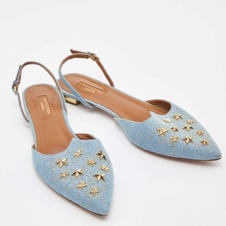 Pre Owned Aquazzura Blue Denim Nairobi Pointed-Toe Slingback Flats Size 39