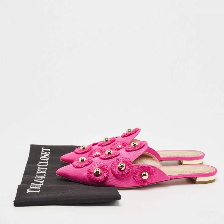 Pre Owned Aquazzura Pink Fabric Studded Sunflower Flat Mules Size 37