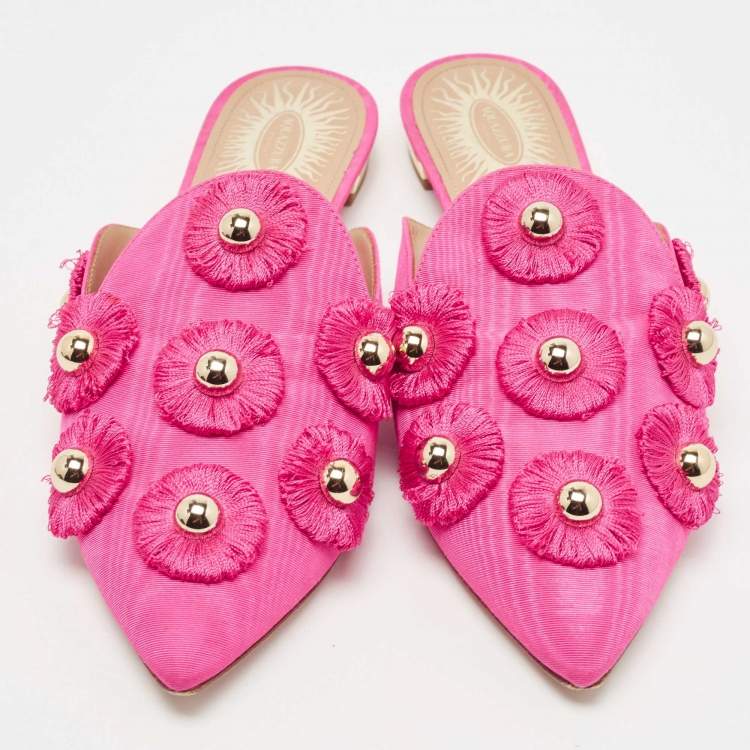Pre Owned Aquazzura Pink Fabric Studded Sunflower Flat Mules Size 37