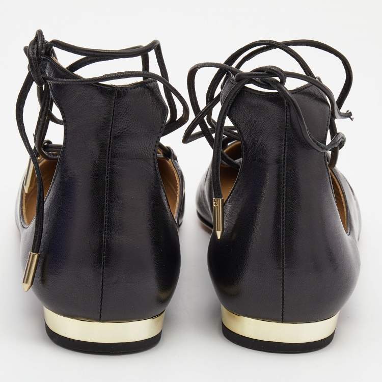 Pre Owned Aquazzura Black Leather Christy Ballet Flats Size 39