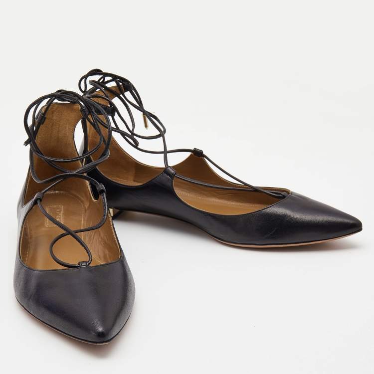 Pre Owned Aquazzura Black Leather Christy Ballet Flats Size 39